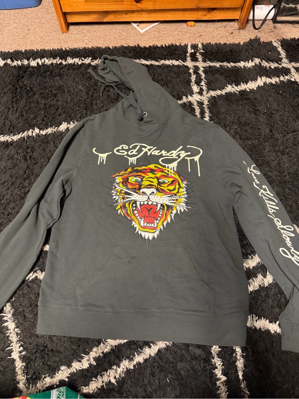 Ed Hardy Dark Gray Hoodie with Multicolor Tiger Chest Graphic